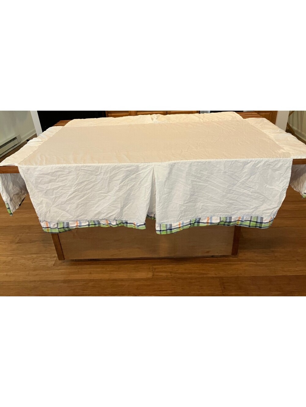 Pottery Barn Kids Crib Skirt White Green Blue Orange Plaid Ruffle Nursery Bed
